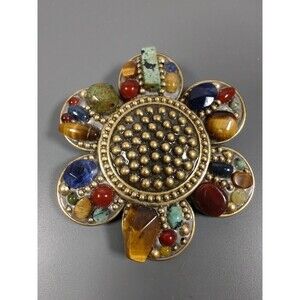 Brass and Mixed Stones Flower Shaped Brooch Pin Pendant 2.75"
